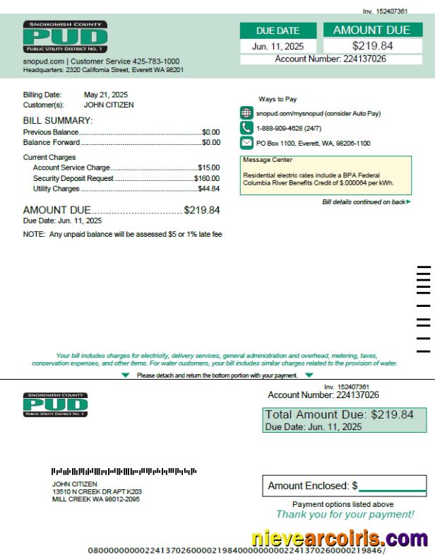 USA Snohomish County PUD utility bill